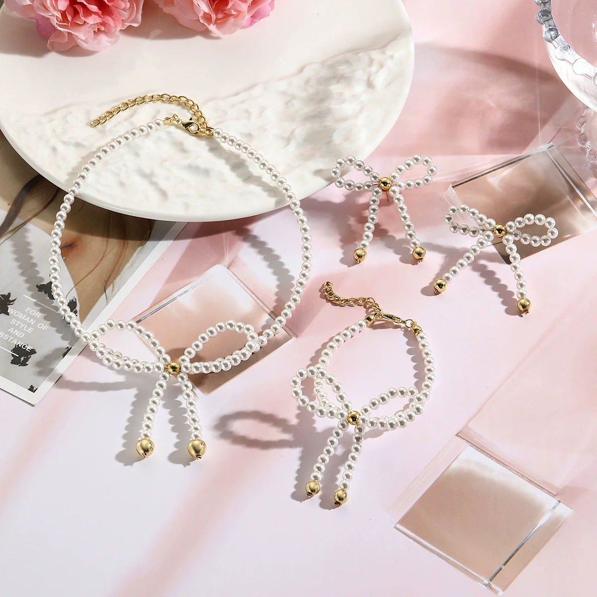 Wholesale Women's Imitation Pearl Beaded Bow Earrings Simple Style - Image 2