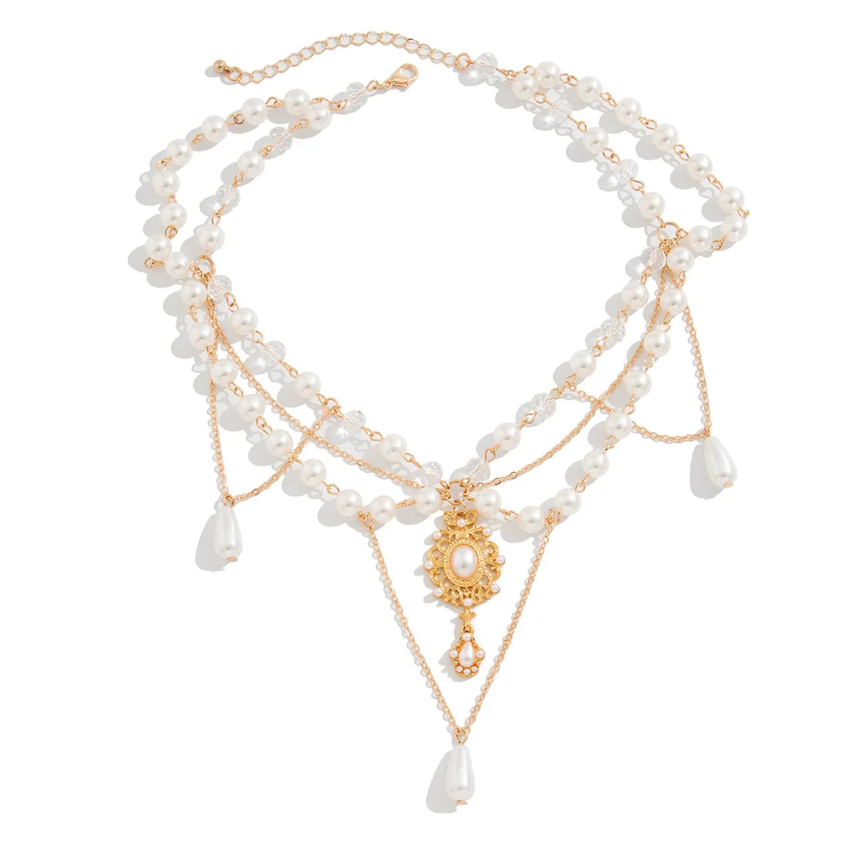 Wholesale Women's Imitation Pearl Tassel Necklace With Alloy Pendant Drop Shape Electroplated Metal Hollow Design - Image 5
