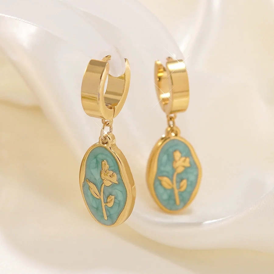 Wholesale Women's Ins Style Dripping Oil Floral Stainless Steel Earrings - Image 2