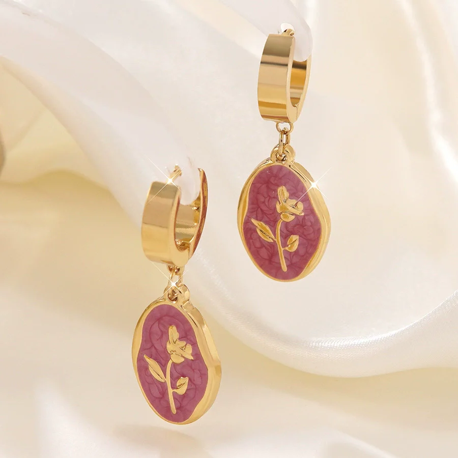 Wholesale Women's Ins Style Dripping Oil Floral Stainless Steel Earrings - Image 3