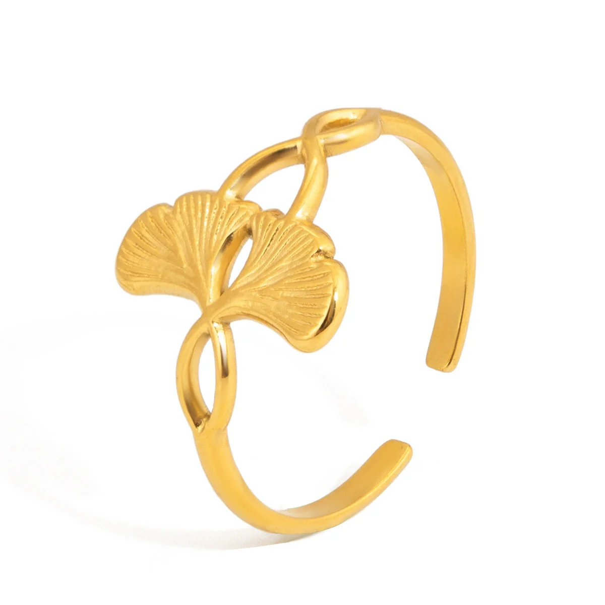 Wholesale Women's Ins Style Electroplated Stainless Steel Ginkgo Leaf Adjustable Open Ring Accessories - Image 5