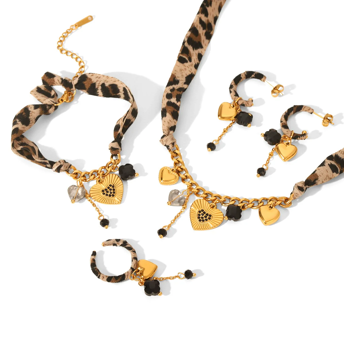 Wholesale Women's Ins Style Geometric Pattern Heart Pendant Jewelry Set Stainless Steel Electroplated Necklace Bracelet Earrings Ring With Cuban Link Chain - Image 5
