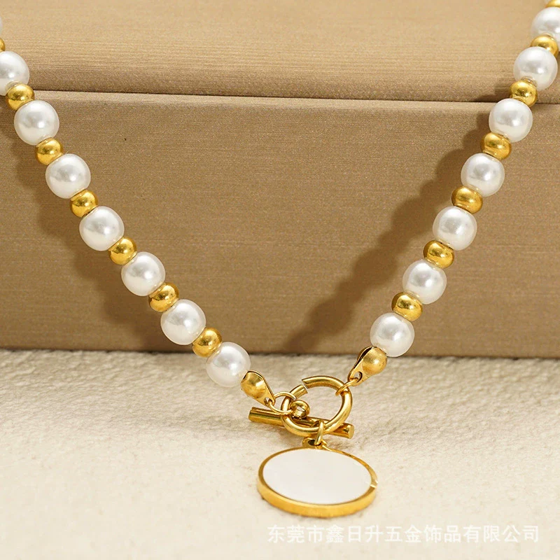 Wholesale Women's Ins Style Geometric Pearl Necklace With Real Gold Plating And Handmade Beaded Chain Stainless Steel Accessories