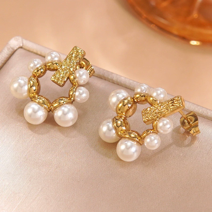 Wholesale Women's Ins Style Geometric Pearl Stainless Steel Goldplated Earrings - Image 2