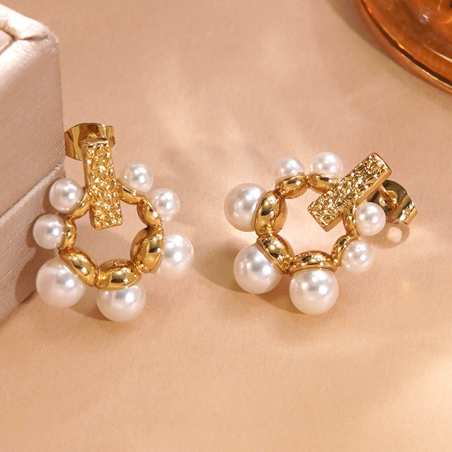 Wholesale Women's Ins Style Geometric Pearl Stainless Steel Goldplated Earrings - Image 3
