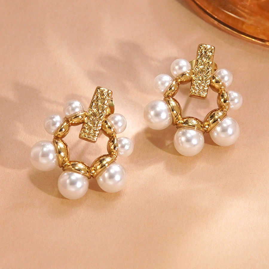Wholesale Women's Ins Style Geometric Pearl Stainless Steel Goldplated Earrings - Image 4