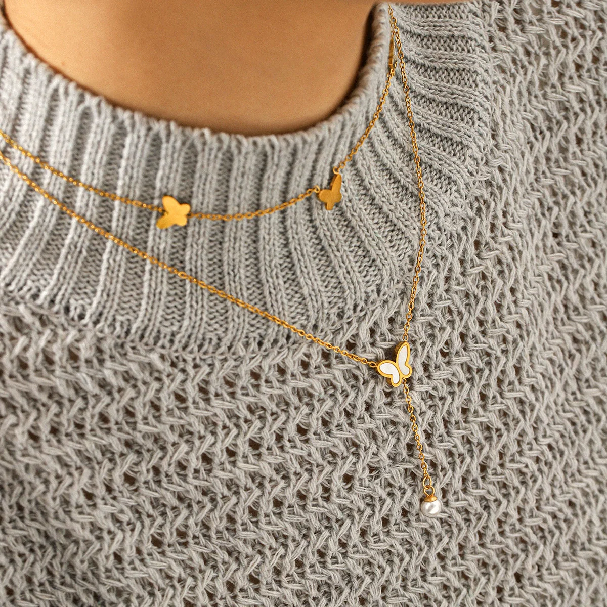 Wholesale Women's Ins Style Minimalist Geometric Stainless Steel Electroplated Butterfly Pearl Pendant Double Layer Sweater Necklace