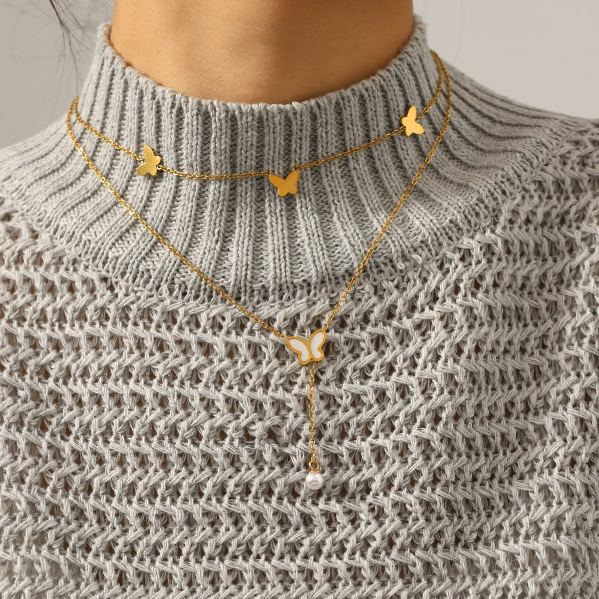 Wholesale Women's Ins Style Minimalist Geometric Stainless Steel Electroplated Butterfly Pearl Pendant Double Layer Sweater Necklace - Image 3
