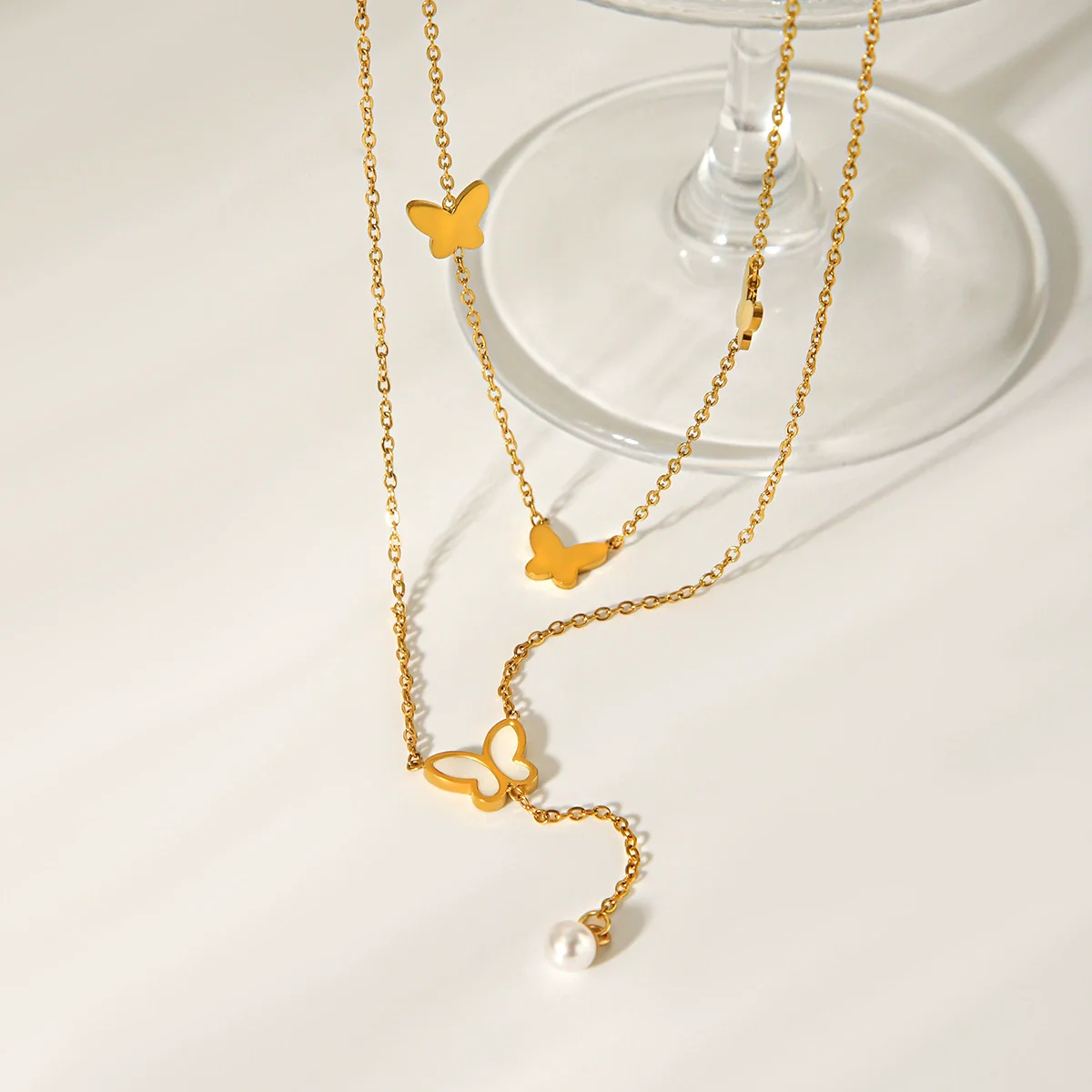 Wholesale Women's Ins Style Minimalist Geometric Stainless Steel Electroplated Butterfly Pearl Pendant Double Layer Sweater Necklace - Image 4