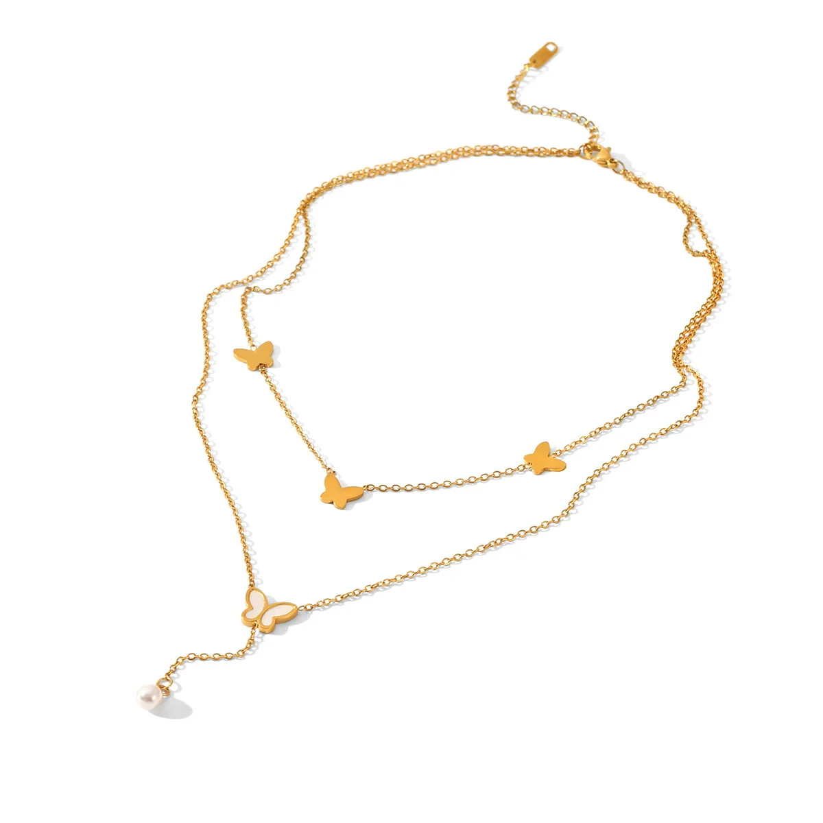 Wholesale Women's Ins Style Minimalist Geometric Stainless Steel Electroplated Butterfly Pearl Pendant Double Layer Sweater Necklace - Image 5