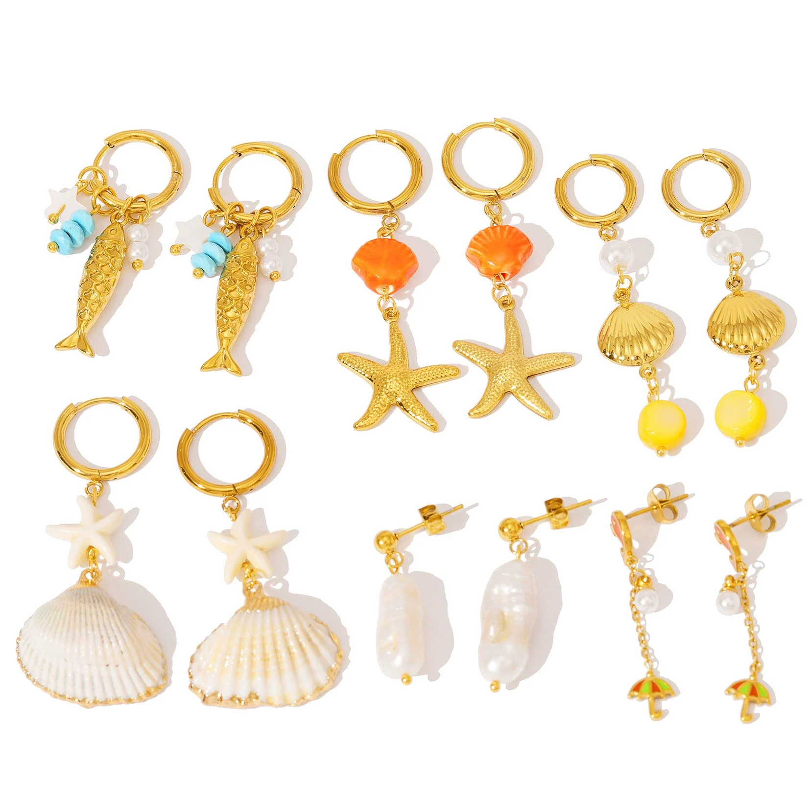 Wholesale Women's Ins Style Minimalist Star Pattern Stainless Steel Earrings With Shell And Pearl Pendant 18K Gold Plated - Image 5