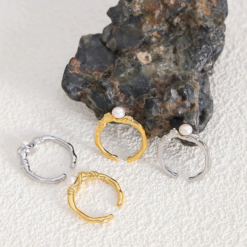 Wholesale Women's Irregular Geometric Titanium Steel Ring Inlaid With Natural Freshwater Pearl Electroplated - Image 3