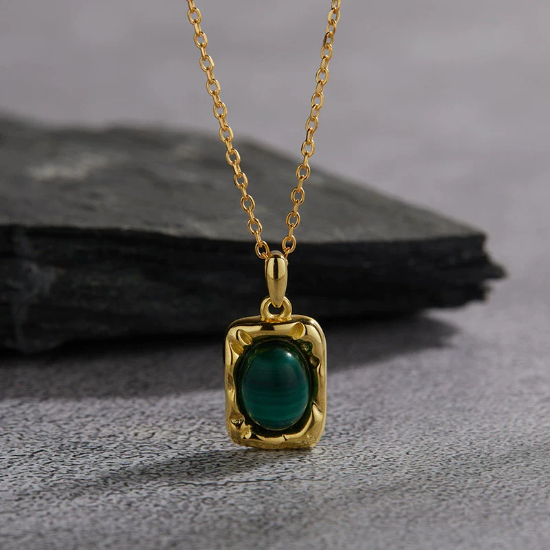 Wholesale Women's Jewelry 925 Sterling Silver Geometric Art Box Pendant Set With Gems Malachite Lapis Gold Tiger Eye Necklace Light Luxury Retro Style - Image 10