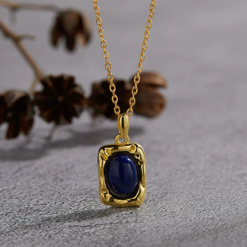 Wholesale Women's Jewelry 925 Sterling Silver Geometric Art Box Pendant Set With Gems Malachite Lapis Gold Tiger Eye Necklace Light Luxury Retro Style - Image 11
