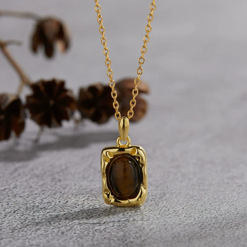 Wholesale Women's Jewelry 925 Sterling Silver Geometric Art Box Pendant Set With Gems Malachite Lapis Gold Tiger Eye Necklace Light Luxury Retro Style - Image 12
