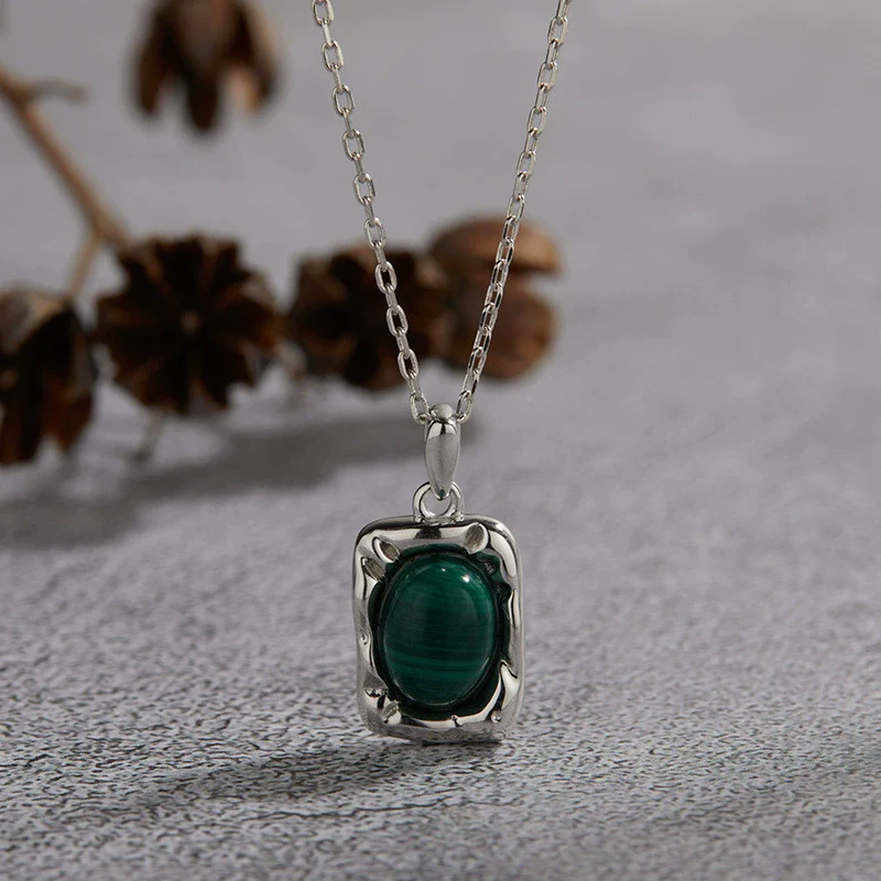 Wholesale Women's Jewelry 925 Sterling Silver Geometric Art Box Pendant Set With Gems Malachite Lapis Gold Tiger Eye Necklace Light Luxury Retro Style - Image 2