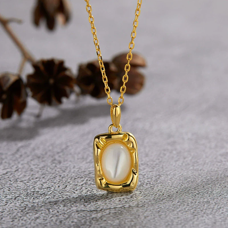 Wholesale Women's Jewelry 925 Sterling Silver Geometric Art Box Pendant Set With Gems Malachite Lapis Gold Tiger Eye Necklace Light Luxury Retro Style - Image 3