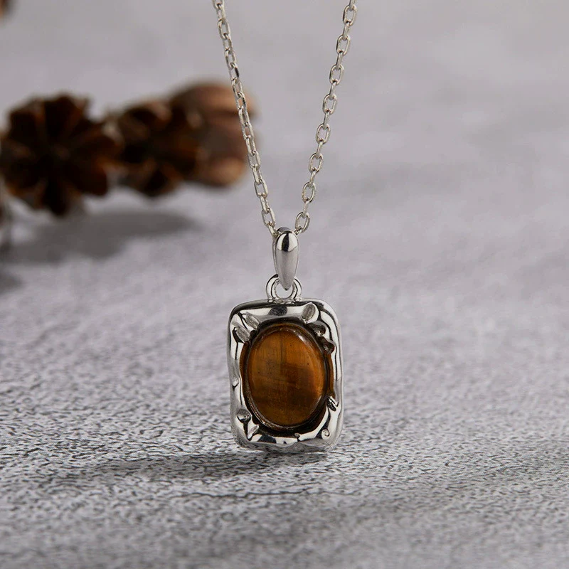 Wholesale Women's Jewelry 925 Sterling Silver Geometric Art Box Pendant Set With Gems Malachite Lapis Gold Tiger Eye Necklace Light Luxury Retro Style - Image 8