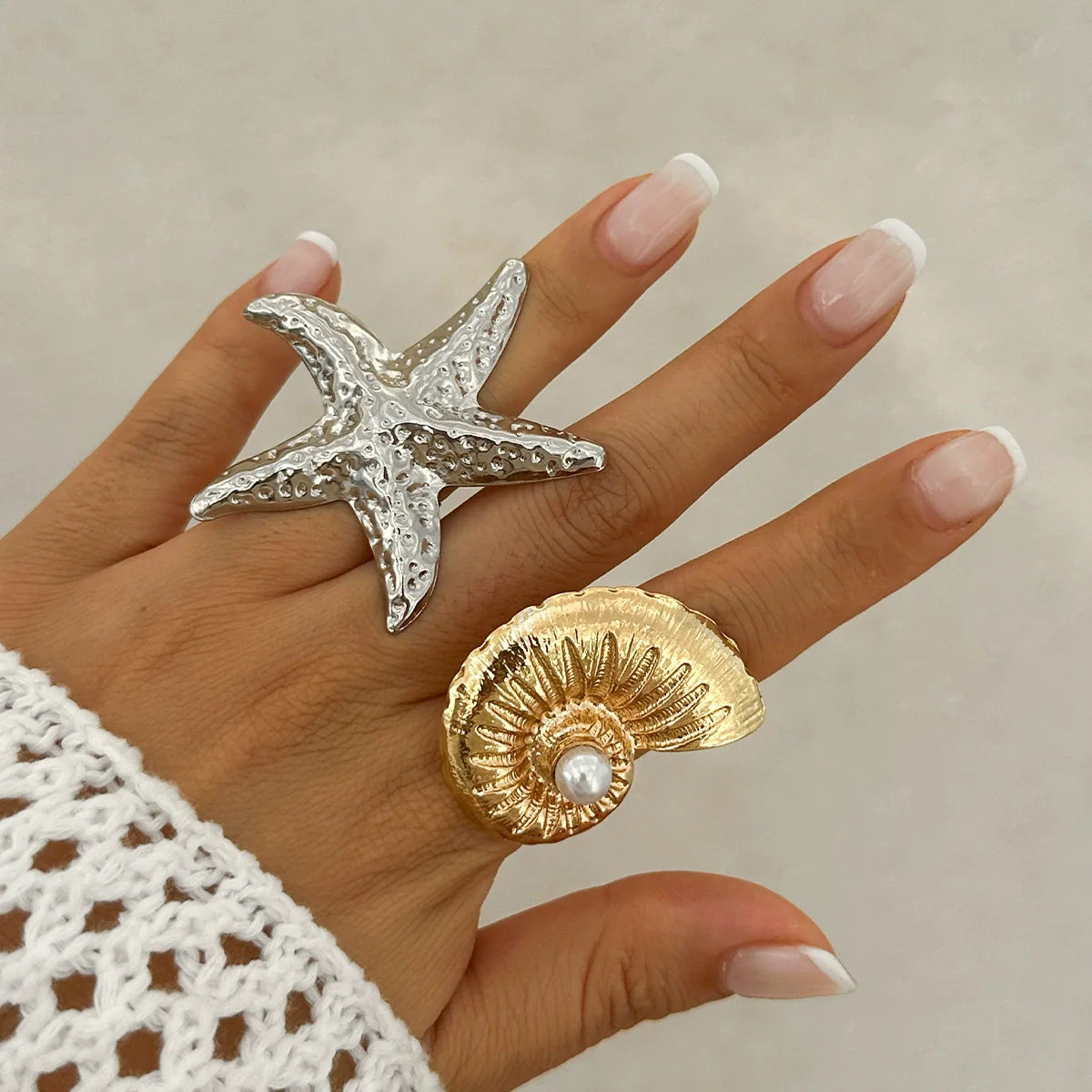 Wholesale Women's Jewelry Alloy Imitation Pearl Starfish Ring Holiday Style Geometric Electroplated - Image 2