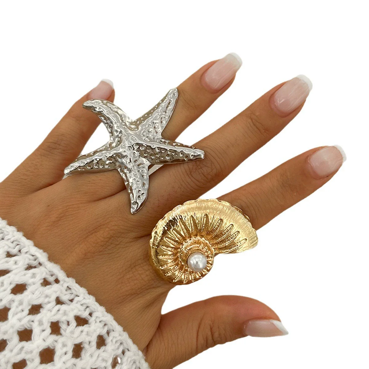 Wholesale Women's Jewelry Alloy Imitation Pearl Starfish Ring Holiday Style Geometric Electroplated - Image 5