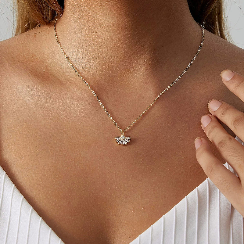 Wholesale Women's Jewelry Fan Shaped Pendant Clavicle Chain Zircon Necklace Copper Plated With Real Gold Geometric Style Electroplated