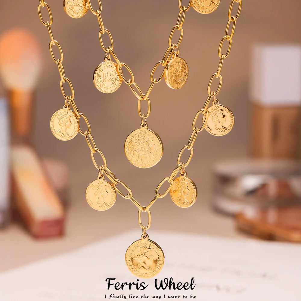 Wholesale Women's Jewelry Ferris Wheel Queen Elizabeth Portrait Letter Engraved Coin Pendant Necklace Stainless Steel Titanium Steel Geometric Electroplated