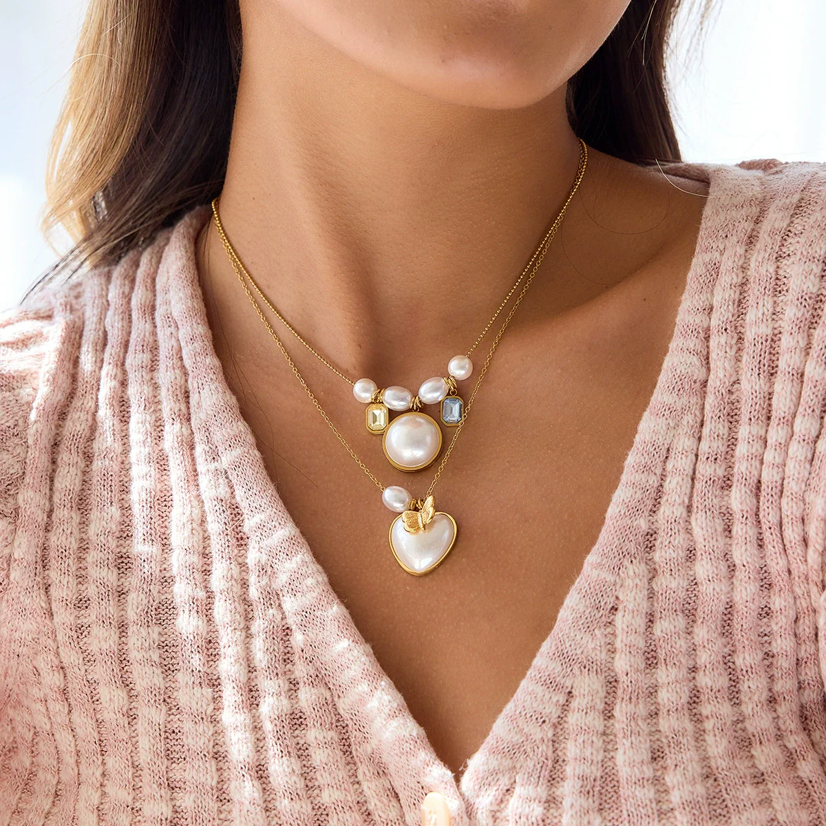 Wholesale Women's Jewelry Light Luxury Geometric Style Stainless Steel Imitation Pearl Necklace With Electroplating