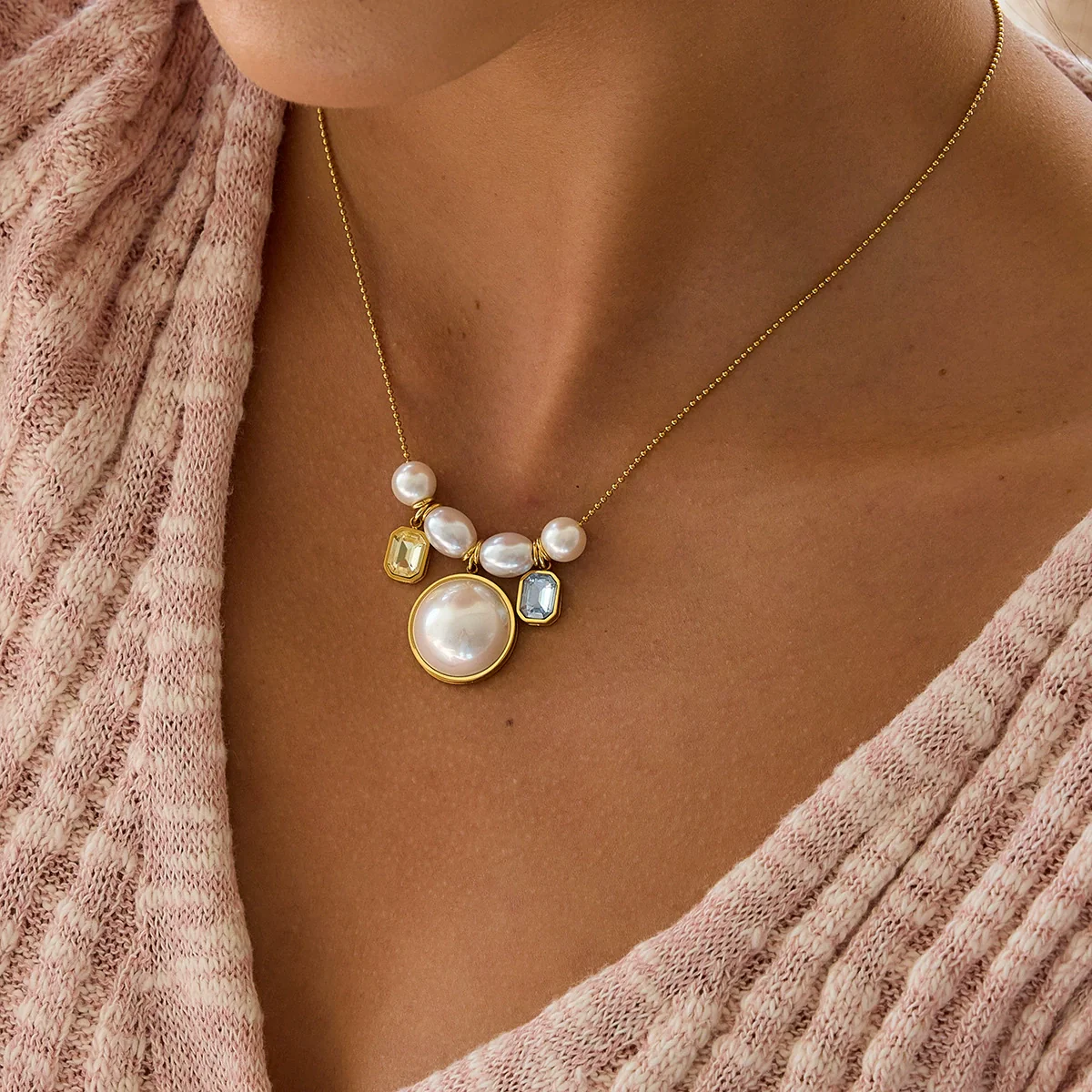 Wholesale Women's Jewelry Light Luxury Geometric Style Stainless Steel Imitation Pearl Necklace With Electroplating - Image 3