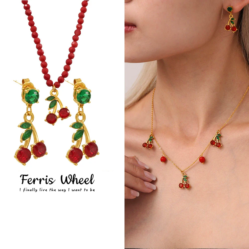 Wholesale Women's Jewelry Set Ferris Wheel Design Natural Stone Beaded Necklace And Glass Stone Cherry Earrings Titanium Steel Electroplated