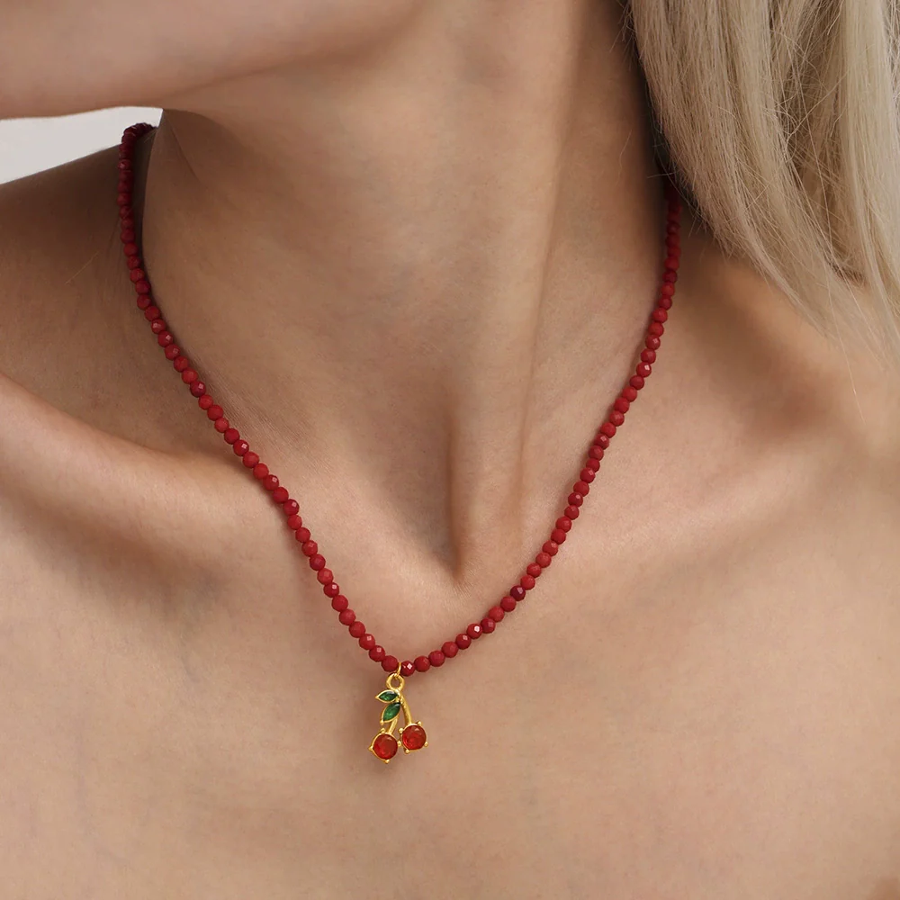 Wholesale Women's Jewelry Set Ferris Wheel Design Natural Stone Beaded Necklace And Glass Stone Cherry Earrings Titanium Steel Electroplated - Image 4