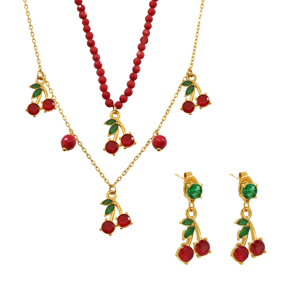 Wholesale Women's Jewelry Set Ferris Wheel Design Natural Stone Beaded Necklace And Glass Stone Cherry Earrings Titanium Steel Electroplated - Image 5