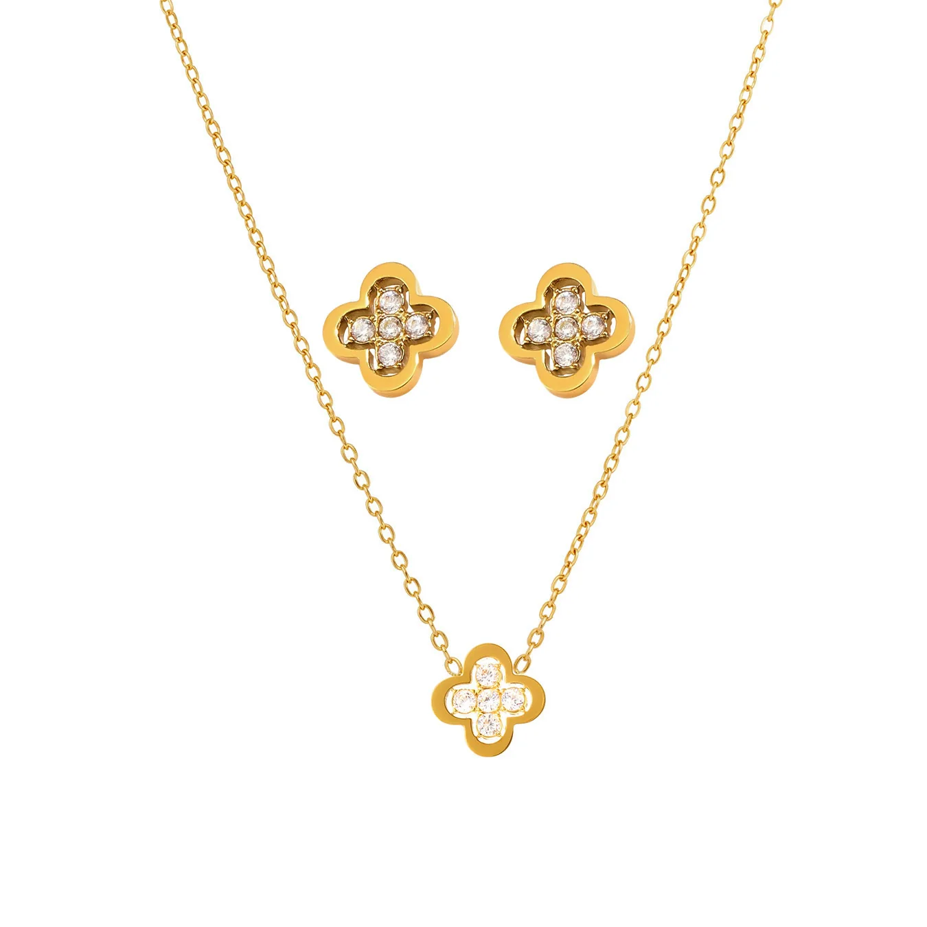 Wholesale Women's Jewelry Set Ferris Wheel Four Leaf Flower Clavicle Chain Earrings Hand Jewelry Titanium Steel Stainless Steel Zircon Electroplated - Image 4