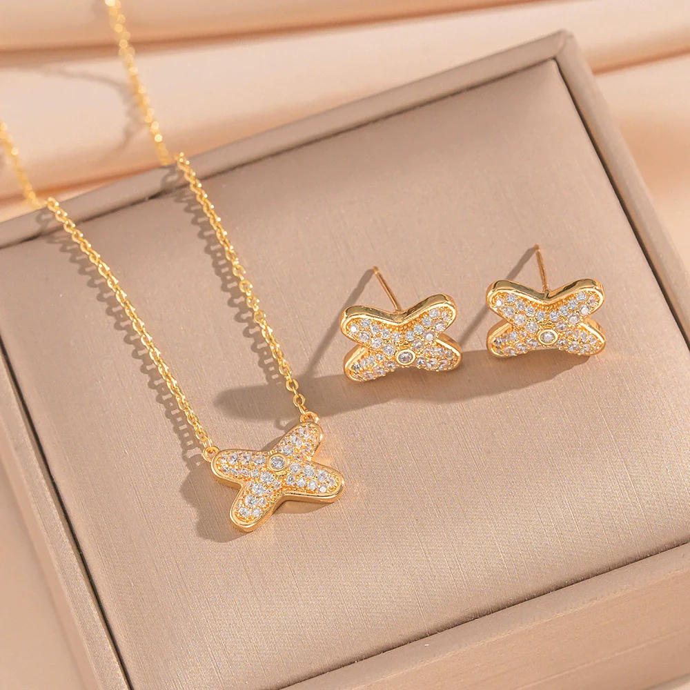 Wholesale Women's Jewelry Set Light Luxury Geometric Style Cross Crown Roman Numerals Electroplated Environmentally Friendly Copper And Titanium Steel Necklace And Earrings - Image 10