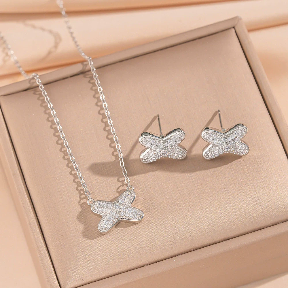 Wholesale Women's Jewelry Set Light Luxury Geometric Style Cross Crown Roman Numerals Electroplated Environmentally Friendly Copper And Titanium Steel Necklace And Earrings - Image 2