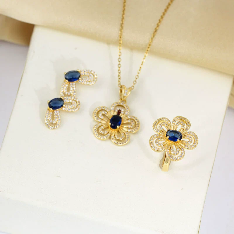 Wholesale Women's Jewelry Set Titanium Steel Flower Shaped With Sea Blue Gemstone Inlaid And Electroplating - Image 9