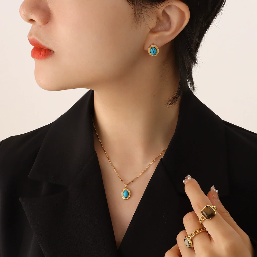Wholesale Women's Jewelry Set With Pine Stone And Cat's Eye Stone Inlaid Titanium Steel Turquoise Opal Simple Geometric Design - Image 10