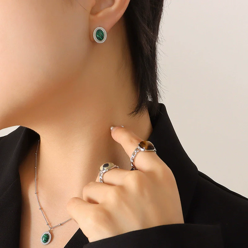 Wholesale Women's Jewelry Set With Pine Stone And Cat's Eye Stone Inlaid Titanium Steel Turquoise Opal Simple Geometric Design - Image 7