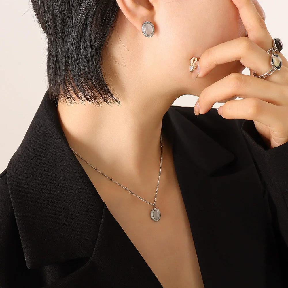 Wholesale Women's Jewelry Set With Pine Stone And Cat's Eye Stone Inlaid Titanium Steel Turquoise Opal Simple Geometric Design - Image 8