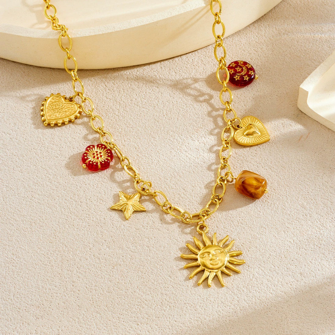 Wholesale Women's Jewelry Set With Sun Round Heartshaped Stainless Steel Pendants Plants And Flowers Pattern O Word Chain Electroplated - Image 2