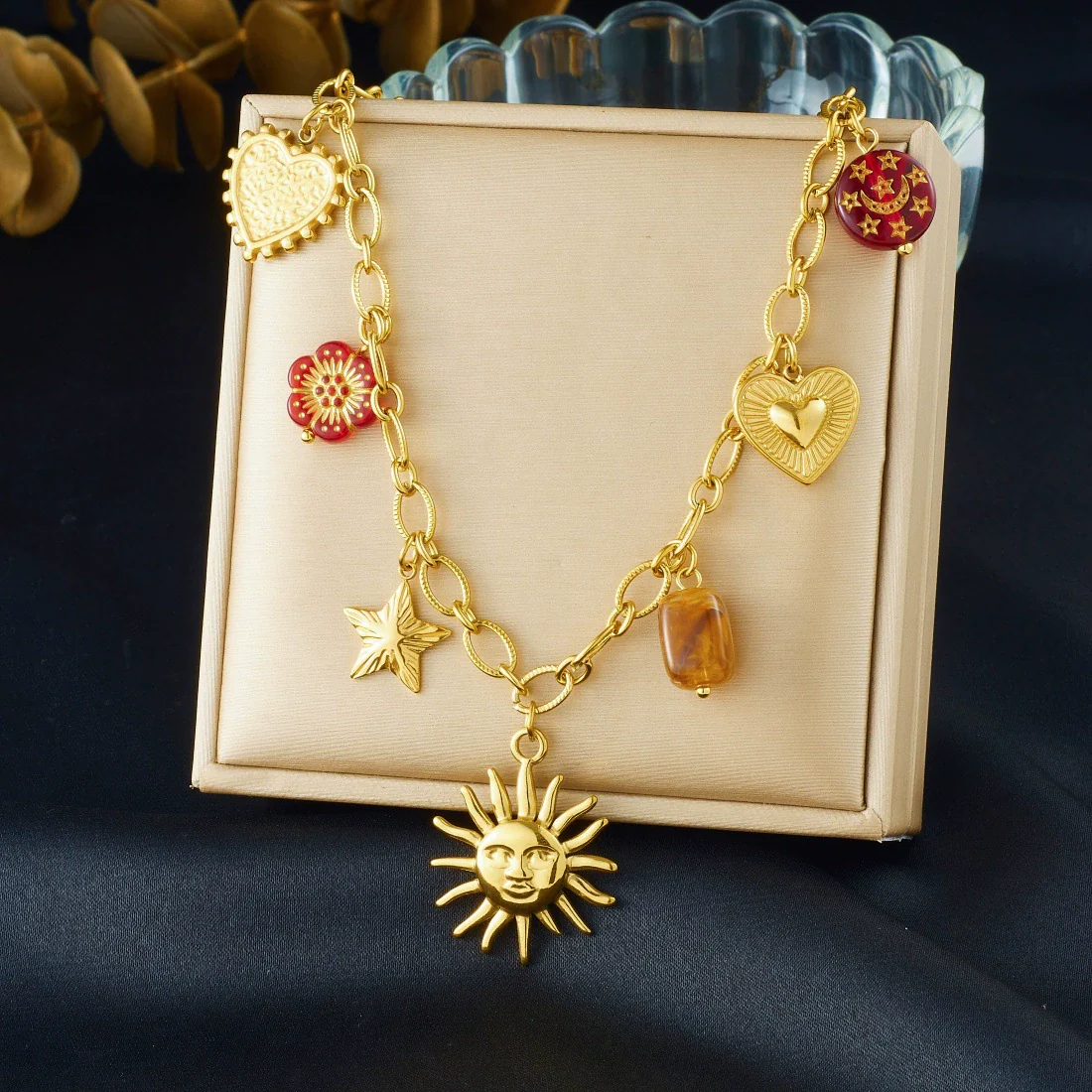 Wholesale Women's Jewelry Set With Sun Round Heartshaped Stainless Steel Pendants Plants And Flowers Pattern O Word Chain Electroplated - Image 6