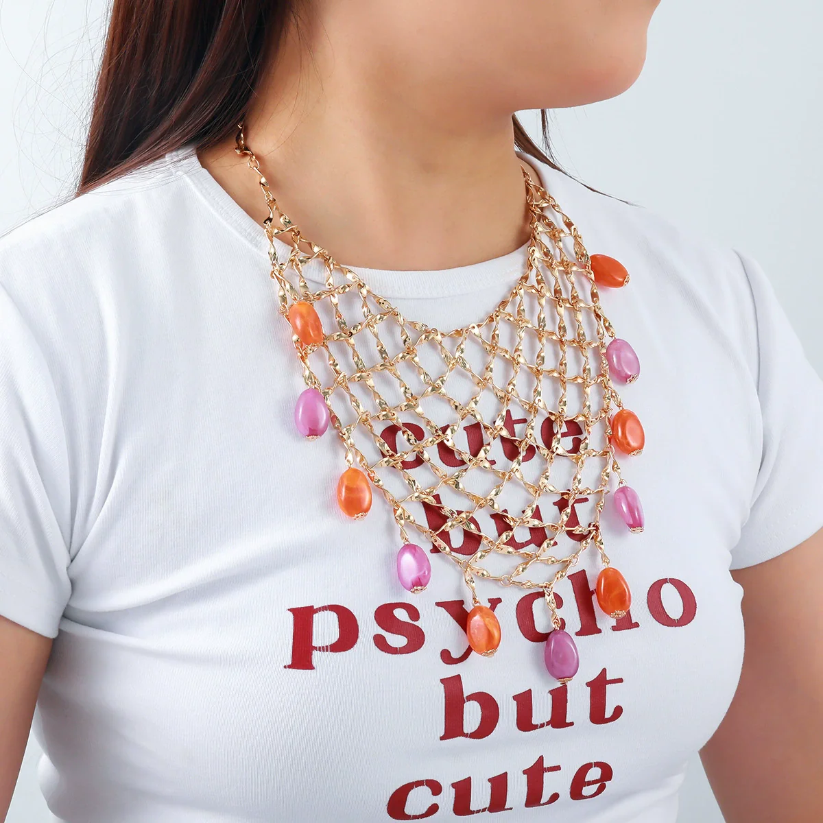 Wholesale Women's Jewelry Zinc Alloy Geometric Pendant Multilayer Necklace With Mixed Gemstone Setting And Electroplating