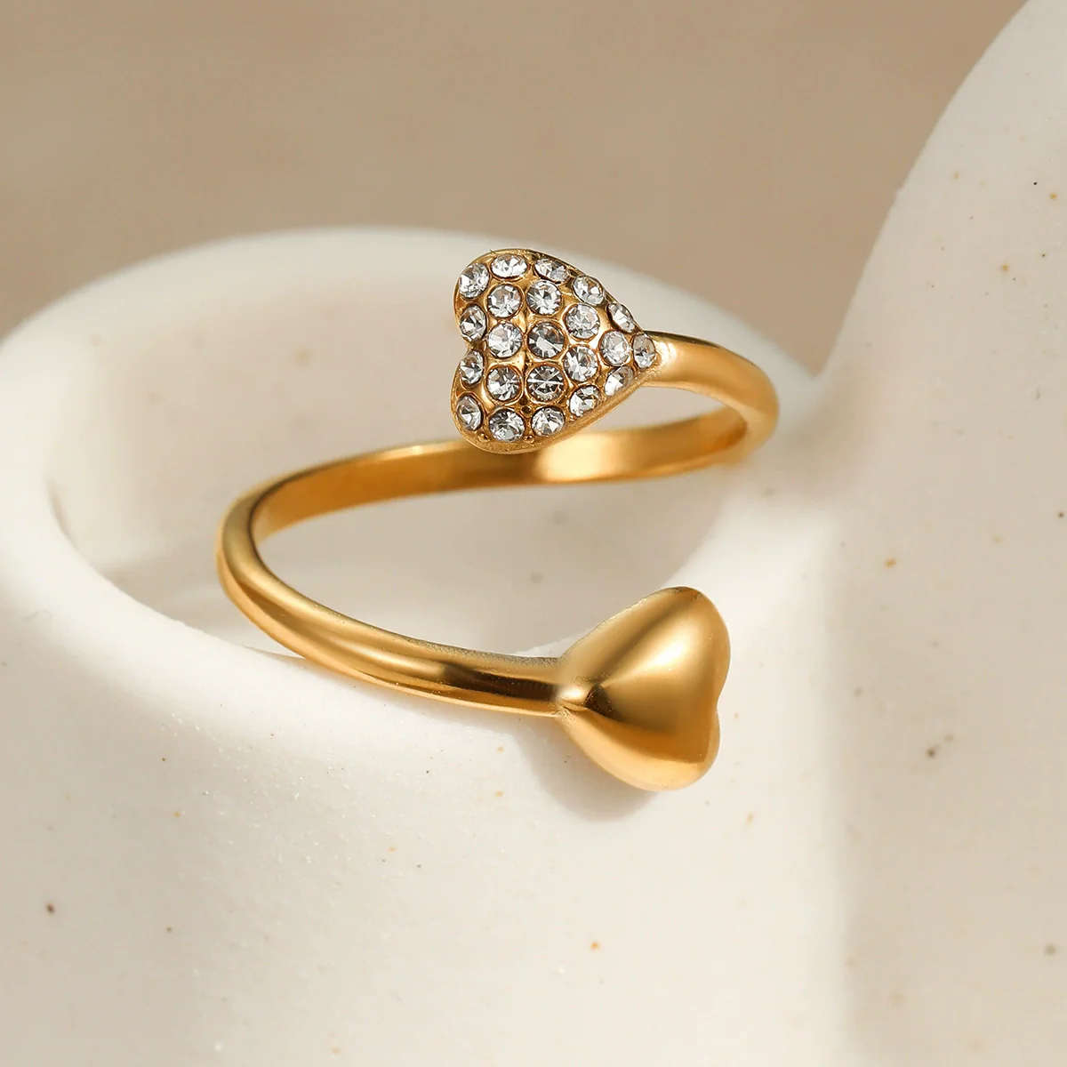 Wholesale Women's Light Luxury Cold Style Asymmetrical Heartshaped Stainless Steel Electroplated Open Ring