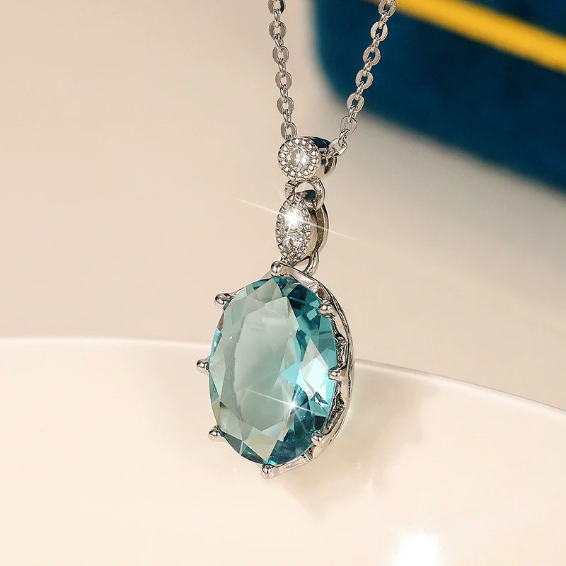 Wholesale Women's Light Luxury Copper Ochain Necklace With Oval Zircon And Mixed Gem Inlay Geometric Design - Image 3