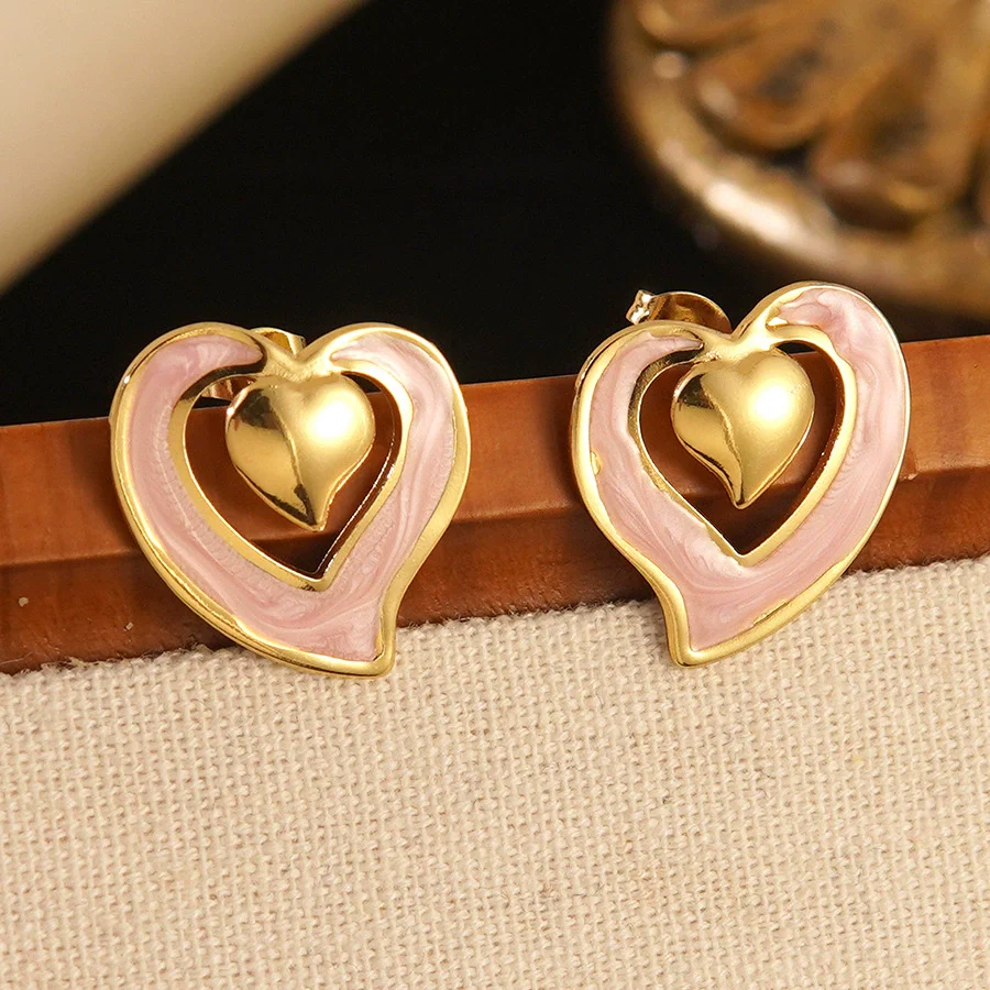 Wholesale Women's Light Luxury Dripping Oil Heartshaped Stainless Steel Earrings - Image 2
