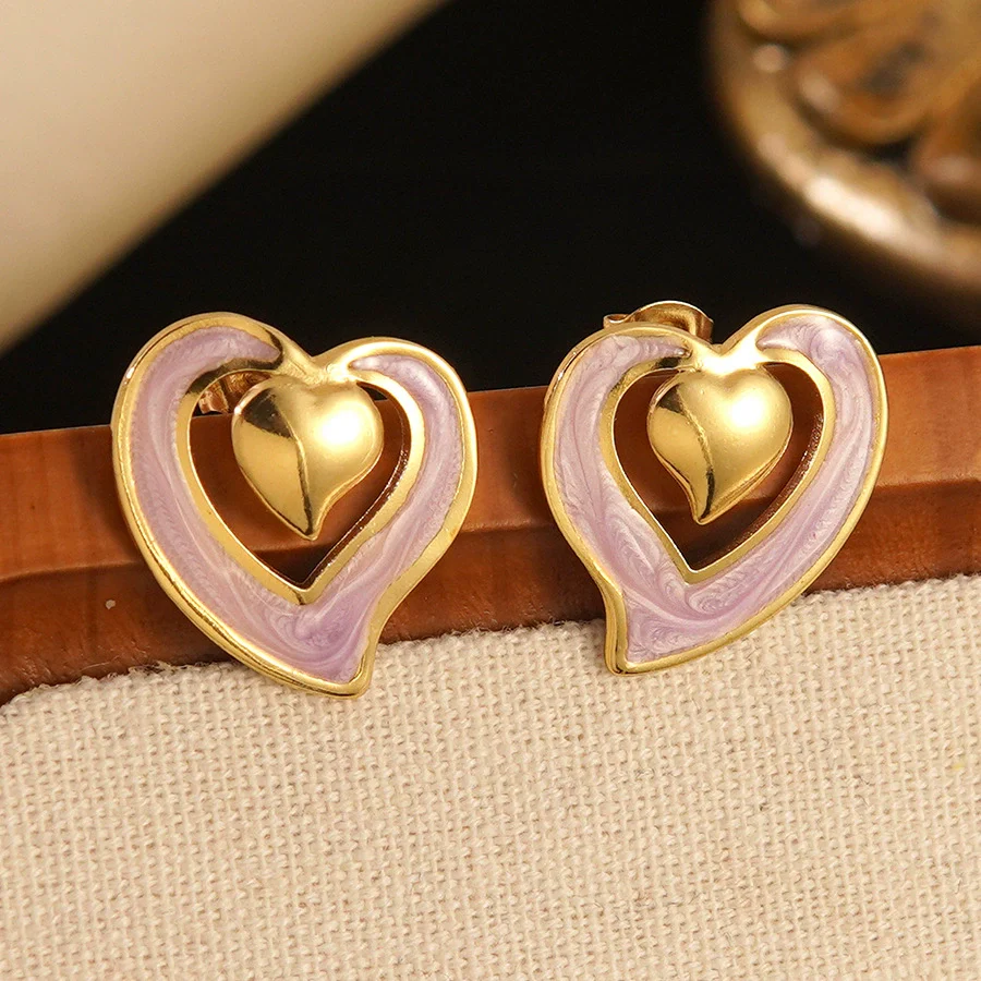 Wholesale Women's Light Luxury Dripping Oil Heartshaped Stainless Steel Earrings - Image 3