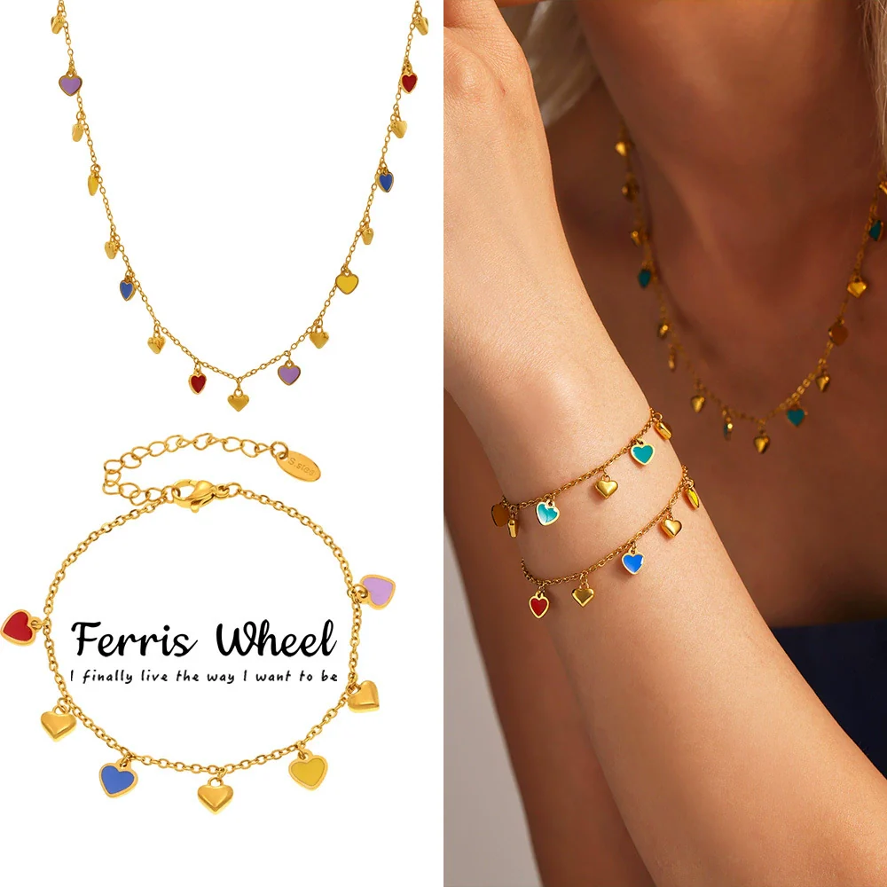 Wholesale Women's Light Luxury Ferris Wheel Enamel Glaze Tassel Stainless Steel Gold Plated Necklace And Bracelet Jewelry