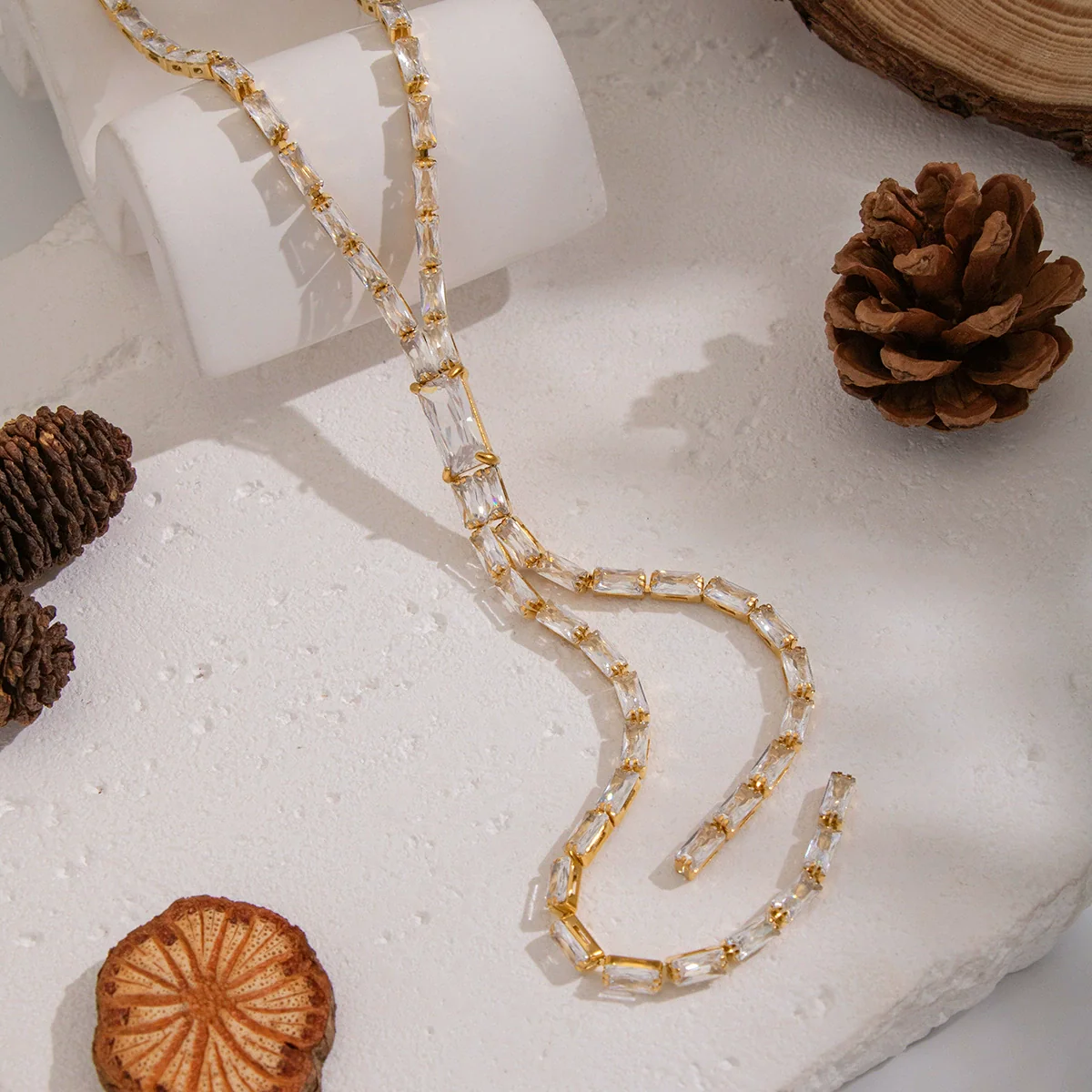 Wholesale Women's Light Luxury Geometric 18K Real Gold Plated Bamboo Handmade Inlaid Zircon Tassel Necklace Sweater Chain - Image 2