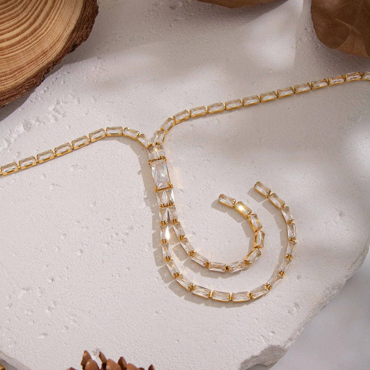 Wholesale Women's Light Luxury Geometric 18K Real Gold Plated Bamboo Handmade Inlaid Zircon Tassel Necklace Sweater Chain - Image 3