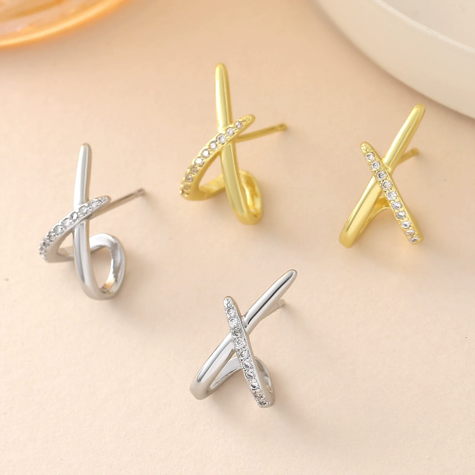 Wholesale Women's Light Luxury Geometric Cross Xshaped Copper Goldplated Zircon Earrings Accessories - Image 2