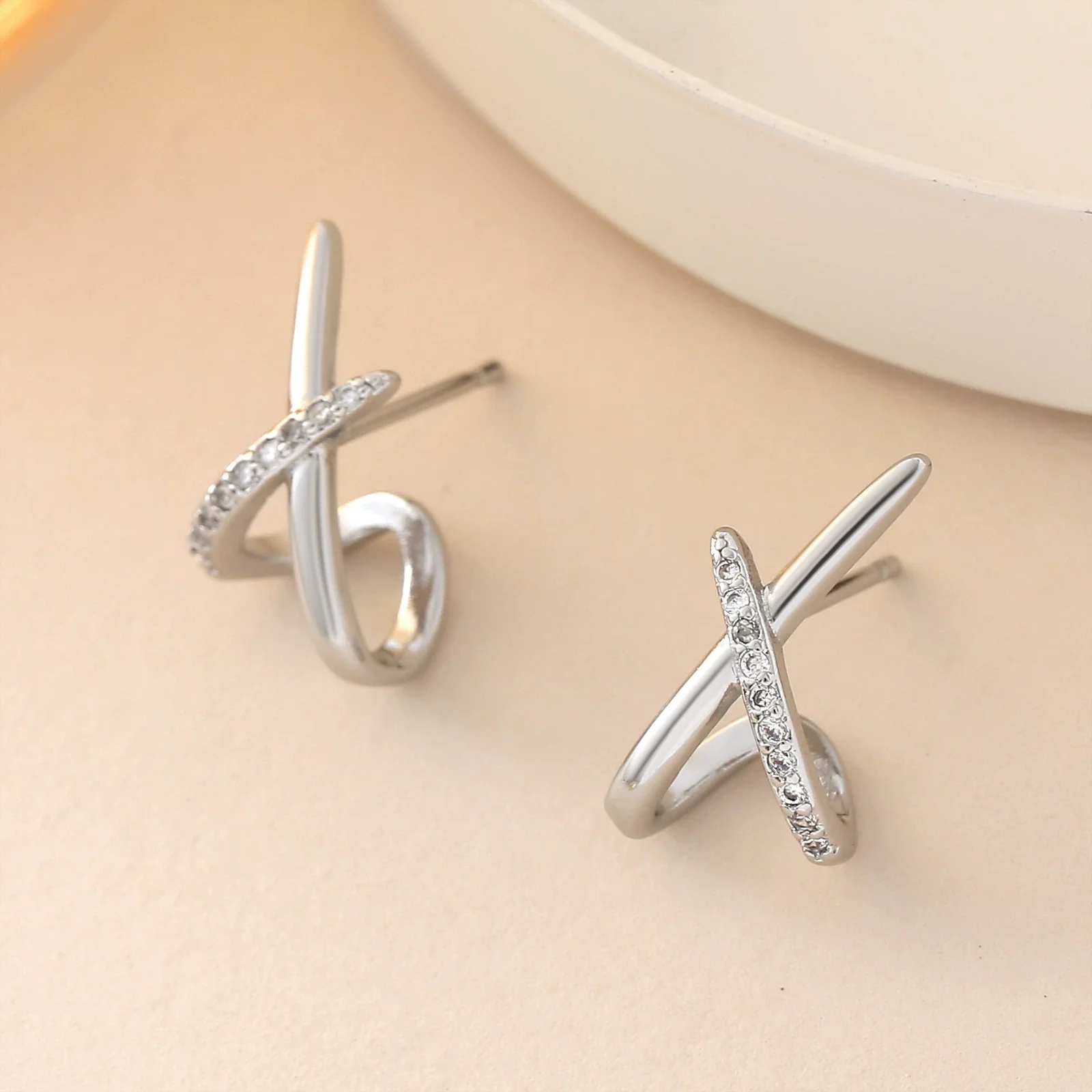 Wholesale Women's Light Luxury Geometric Cross Xshaped Copper Goldplated Zircon Earrings Accessories - Image 6